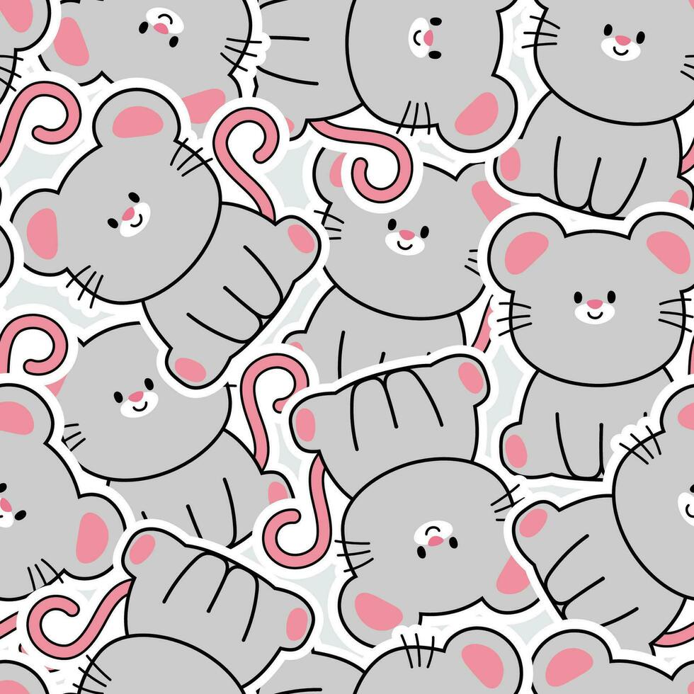 sömlös mönster av söt råtta sitta klistermärke på grå bakgrund.mus djur- karaktär tecknad serie design.repeat.isolated.kid graphic.kawaii.vector.illustration. vektor