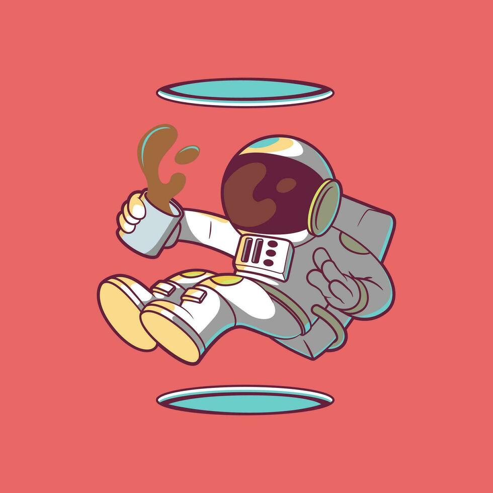 astronaut innehav en kaffe kopp mellan blå hål vektor illustration. tech design begrepp.