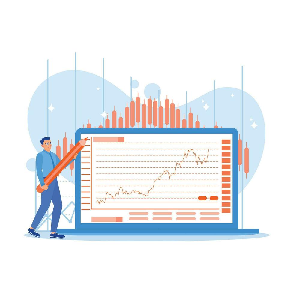 Geschäftsmann halten das Riese Bleistift im Vorderseite von Laptop Analysieren Unternehmen Investition Lager Markt. Wachstum Analyse Konzept. Trend modern Vektor eben Illustration