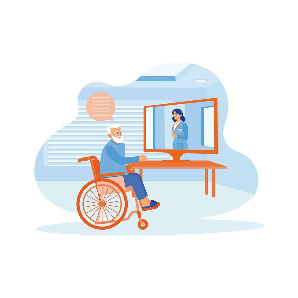 ett äldre man i en rullstol är framställning en video ring upp på de bärbar dator. de senior man konsulterar uppkopplad med en ung kvinna läkare på Hem. läkare talande till äldre patient på Hem begrepp. vektor