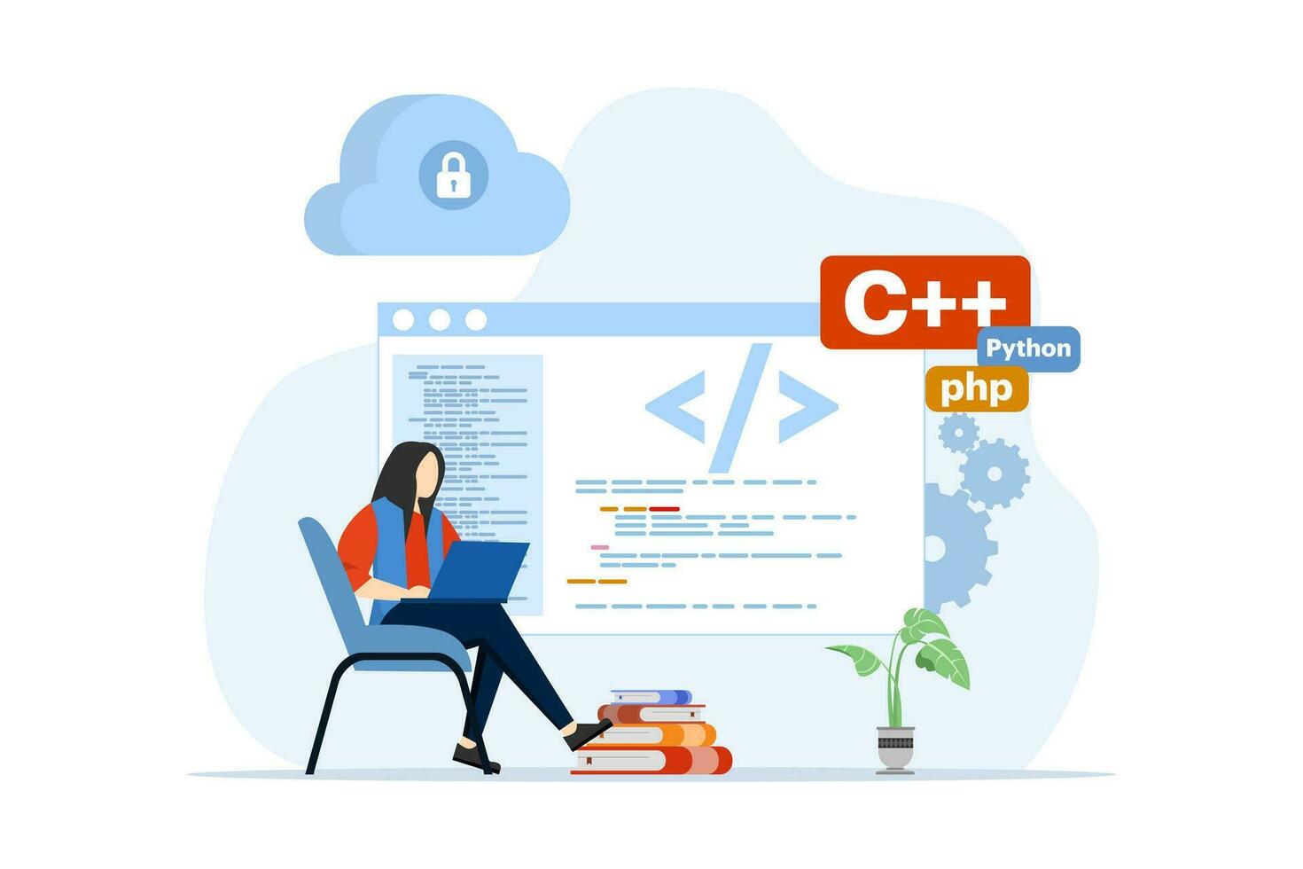 Netz Entwicklung oder Programmierung Sprache Konzept. CSS, html, Es, ui. Karikatur Charakter Programmierer Entwicklung Webseite, Kodierung. Software Entwickler mit Laptop. Vektor Illustration auf Weiß Hintergrund.