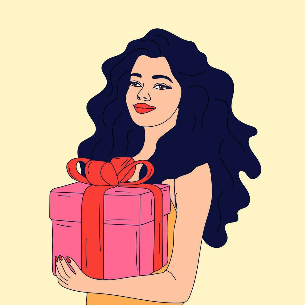 Mädchen mit Geschenk Kasten, auf Hintergrund isoliert. Vektor Illustration