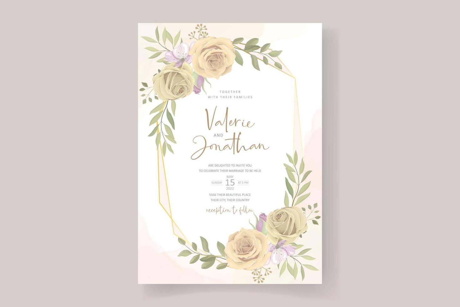 Hochzeitseinladungskartenschablone mit Rosen- und Blattdekoration vektor