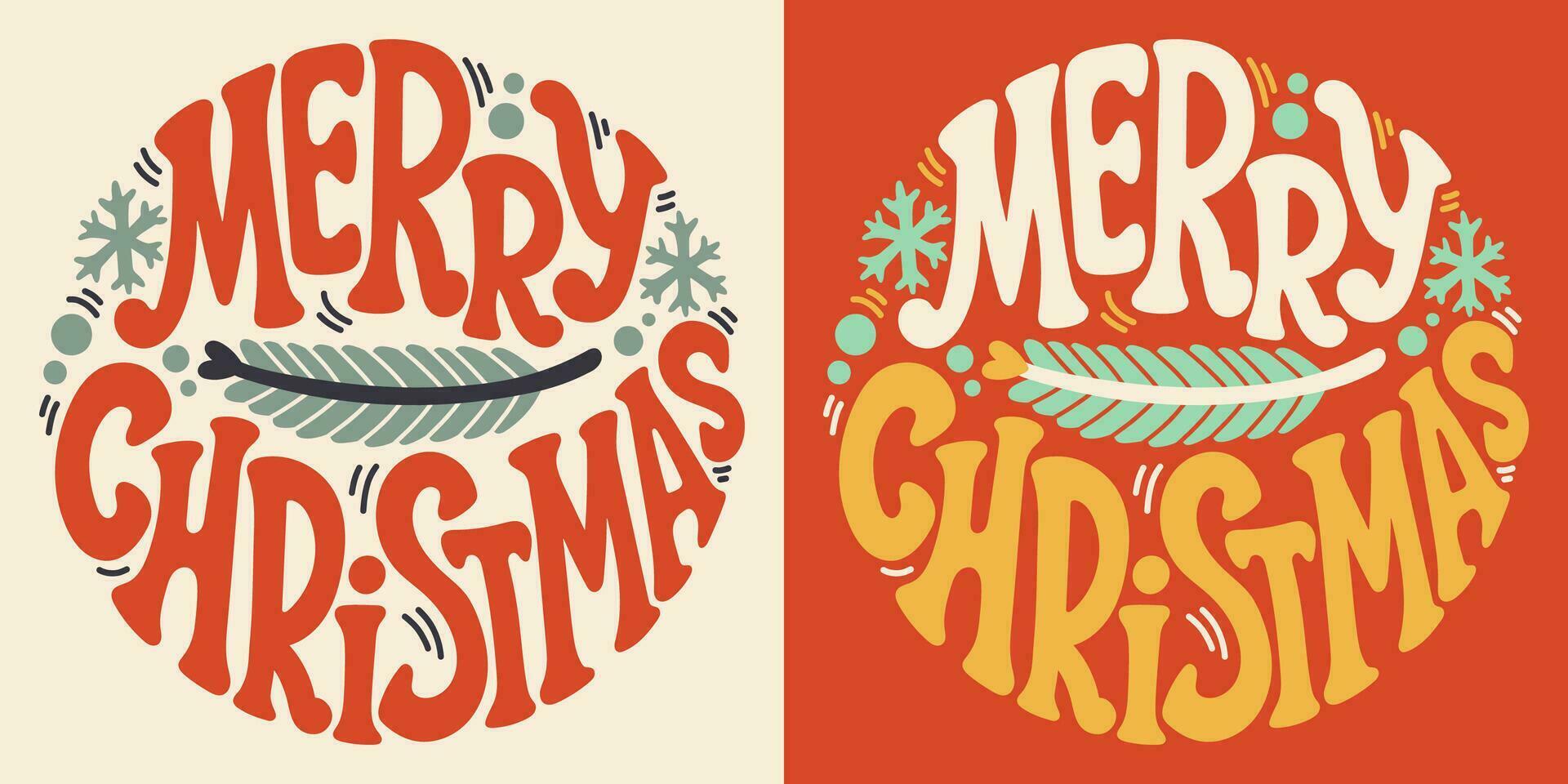 häftig text glad jul. retro slogan i runda form. trendig häftig skriva ut design för affischer, kort, tshirts i stil 60-tal, 70-tal. vektor illustration.