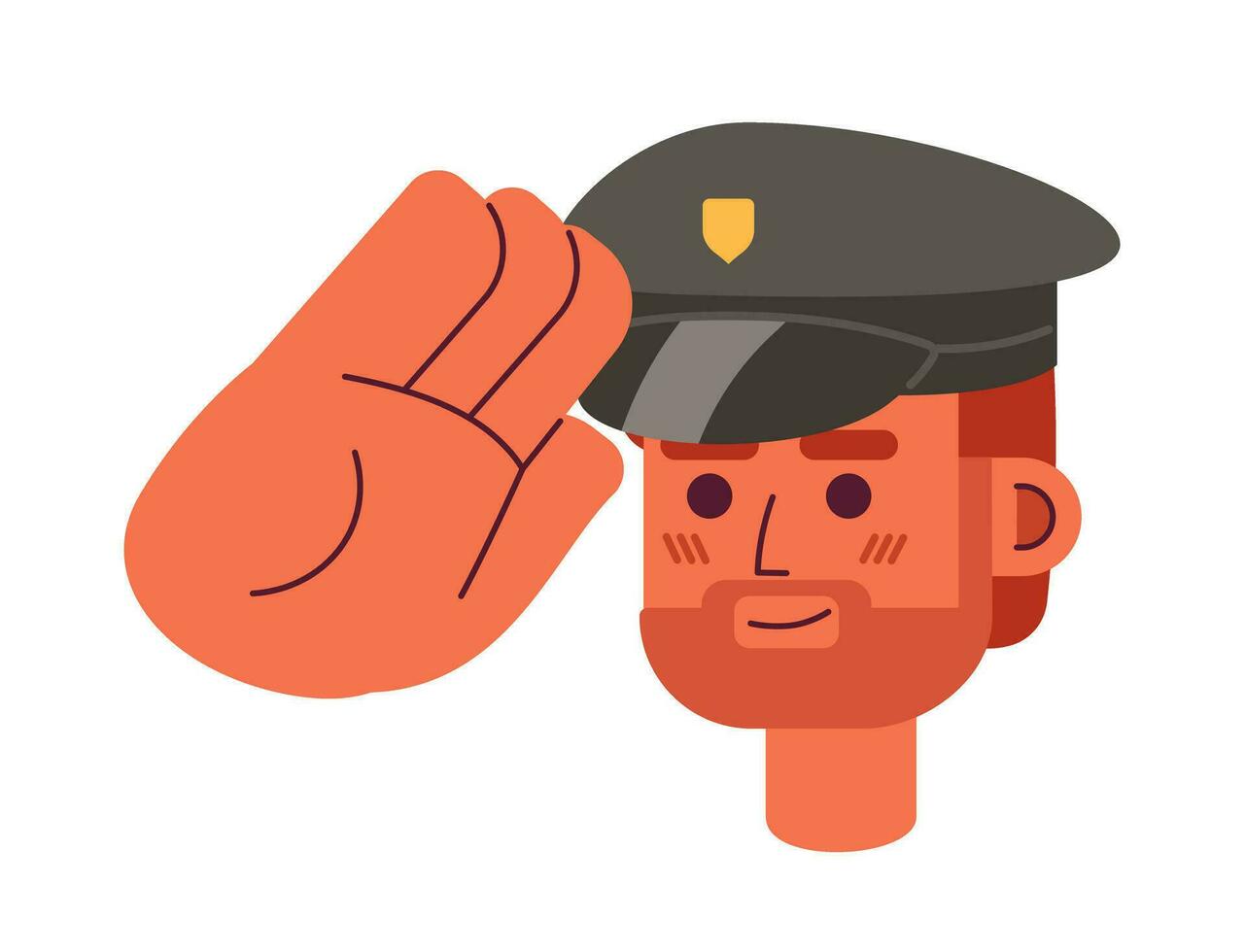 kaukasisch Polizist salutieren 2d Vektor Benutzerbild Illustration. Behörde Polizei Offizier europäisch männlich Karikatur Charakter Gesicht Porträt. Polizist Mann eben Farbe Benutzer Profil Bild isoliert auf Weiß Hintergrund