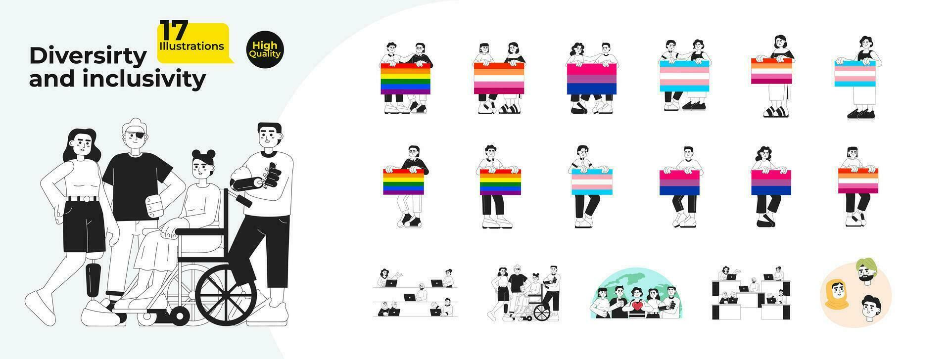 lgbtq inklusive vielfältig Erwachsene schwarz und Weiß Karikatur eben Illustration bündeln. Vielfalt Kollegen, lgbt Stolz linear 2d Zeichen isoliert. Menschen mit Behinderungen monochromatisch Vektor Bild Pack