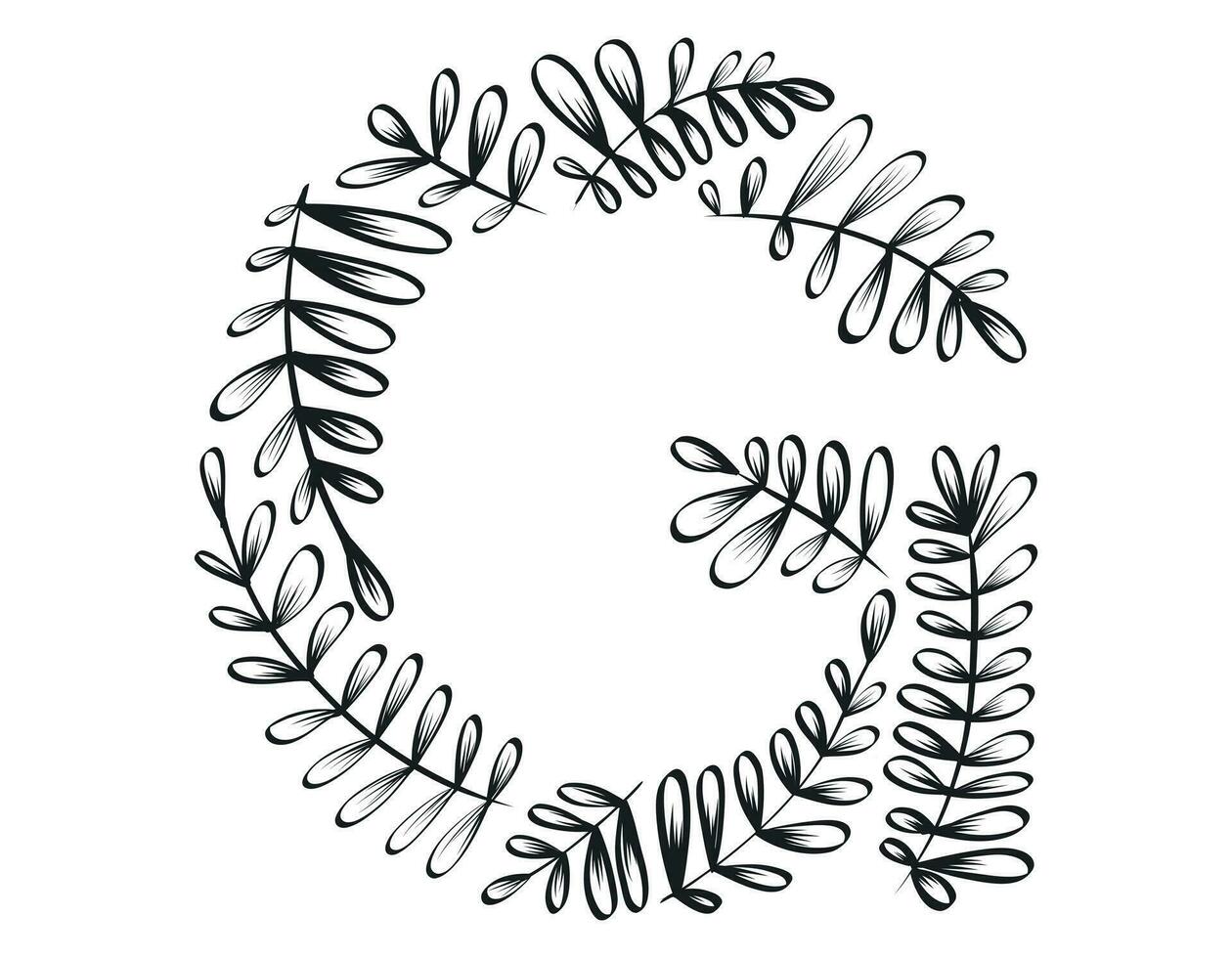 isolerat vektor dekorativ brev g av de latin alfabet. botanisk font, svart skiss grenar och löv.