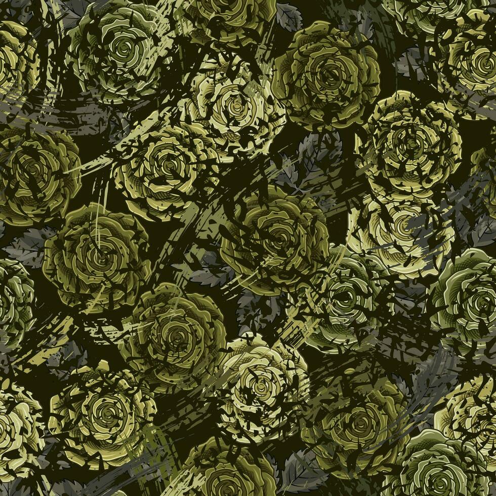 Grunge Grün tarnen Muster mit Rosen vektor