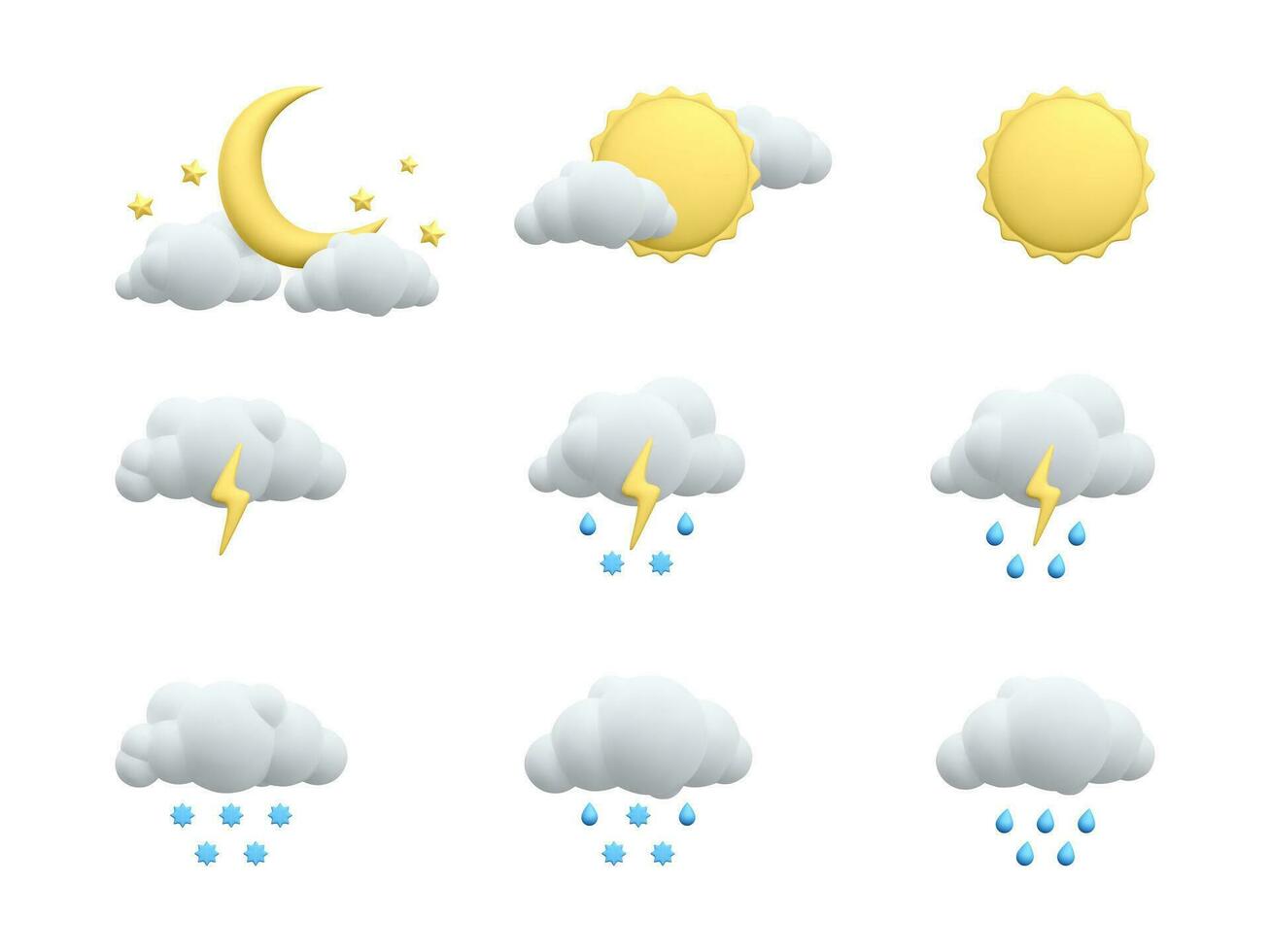 einstellen von 3d realistisch Prognose Wetter Symbole isoliert auf Weiß Hintergrund. Sonne, Mond, Stern, Blitz, Wolke, Regen Tropfen, Schneeflocken im Karikatur Stil. Vektor Illustration