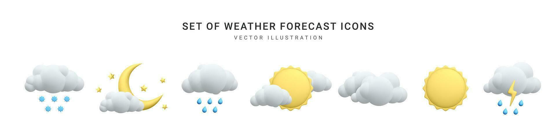 einstellen von 3d realistisch Prognose Wetter Symbole isoliert auf Weiß Hintergrund. Sonne, Mond, Stern, Blitz, Wolke, Regen Tropfen, Schneeflocken im Karikatur Stil. Vektor Illustration