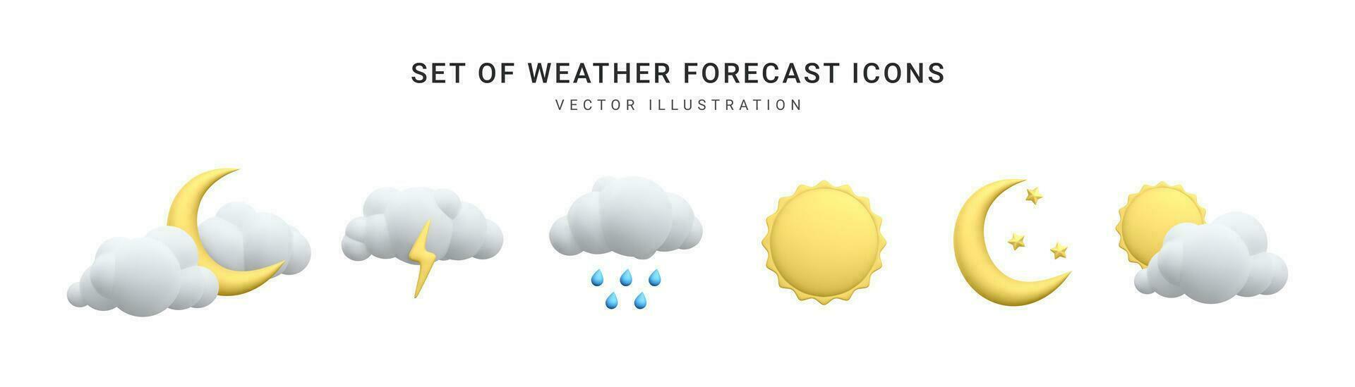 einstellen von 3d realistisch Prognose Wetter Symbole isoliert auf Weiß Hintergrund. Sonne, Mond, Stern, Blitz, Wolke, Regen Tropfen im Karikatur Stil. Vektor Illustration