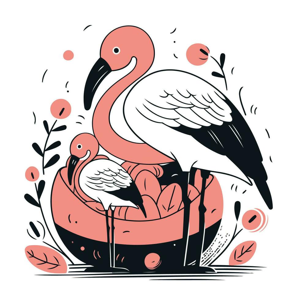 flamingo i en korg med ägg. vektor hand dragen illustration.