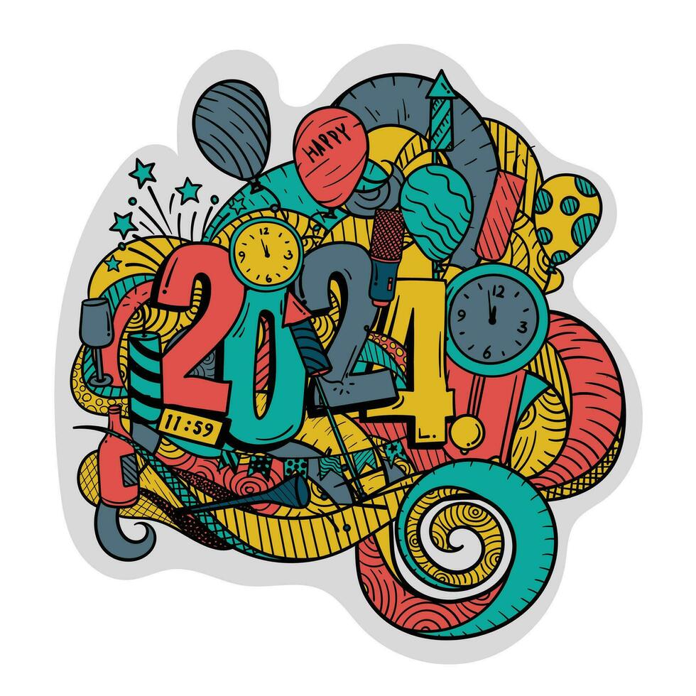 klotter konst av 2024 med blommig och ny år firande i färgrik design för ny år design vektor
