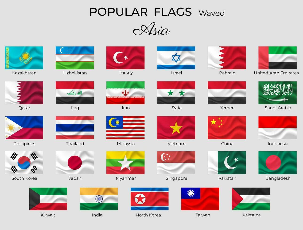 vinkade flaggor av asiatic länder. Asien flagga ikon uppsättning. 3d vinkade design. korea singapore Indien Kina vektor isolerat