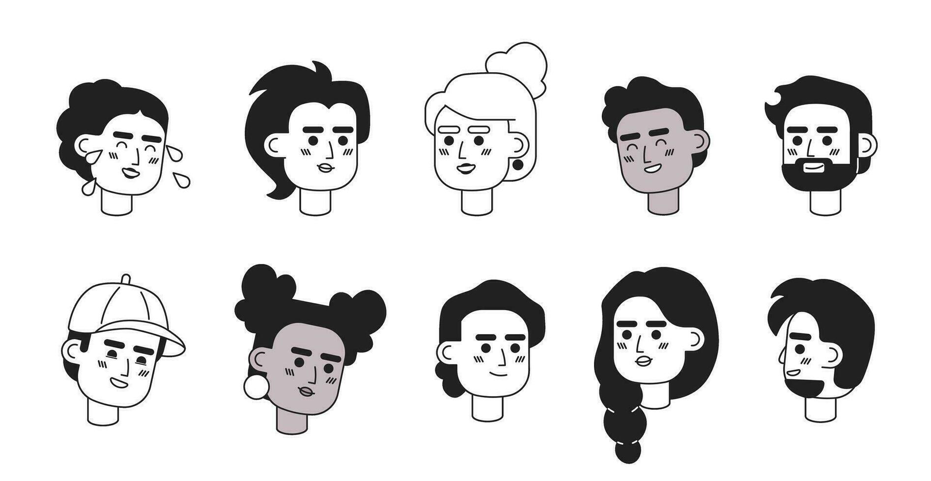 olika poddsändare bloggare svart och vit 2d vektor avatars illustration uppsättning. tusenåriga värd händelse översikt tecknad serie tecken ansikten isolerat. gen z platt användare profiler bilder samling, porträtt