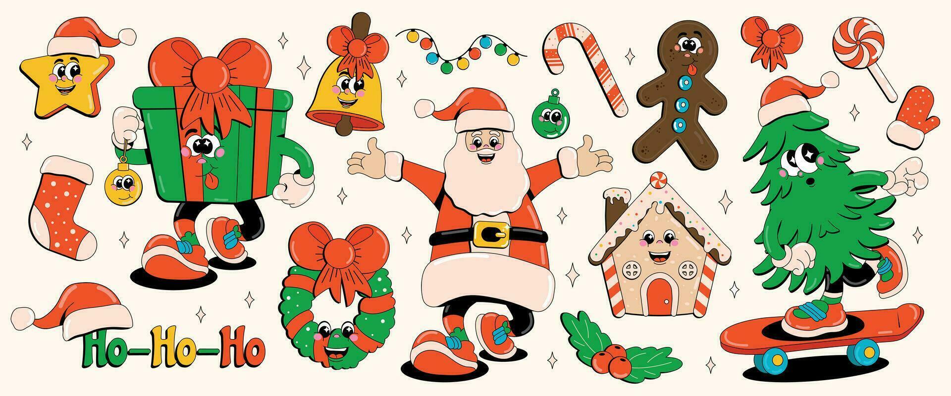 rolig retro tecknad serie tecken glad jul och Lycklig ny år. vektor illustration i 60-80-tal stil. modern uppsättning av klistermärken.
