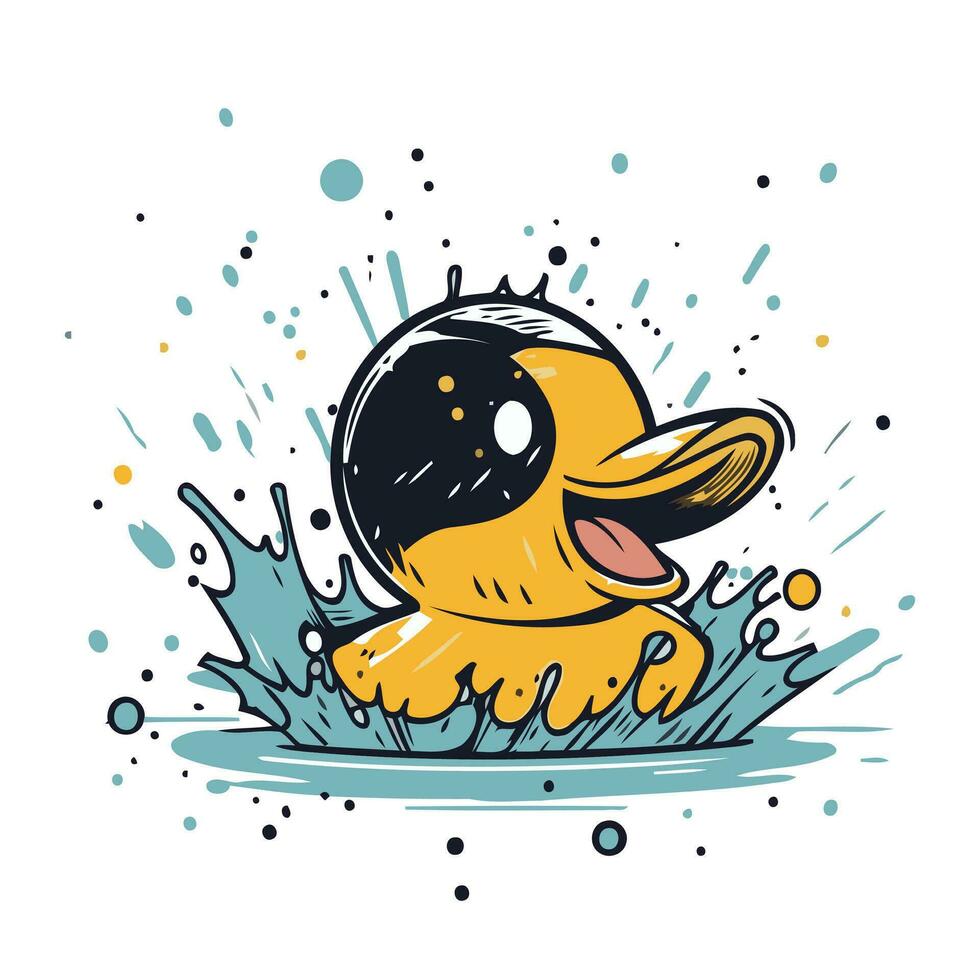 süß Gelb Gummi Ente im Wasser mit Spritzen. Vektor Illustration.