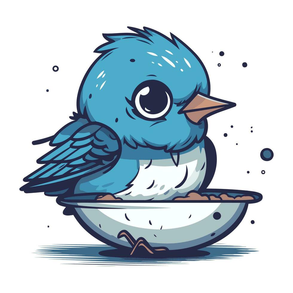 süß Karikatur Blau Vogel Essen von ein Schüssel. Vektor Illustration.