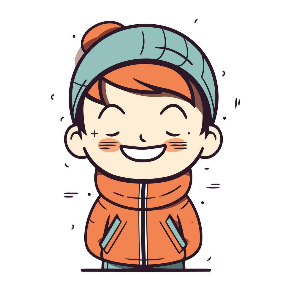 vektor illustration av en söt liten pojke i värma vinter- kläder. leende unge i värma kläder.