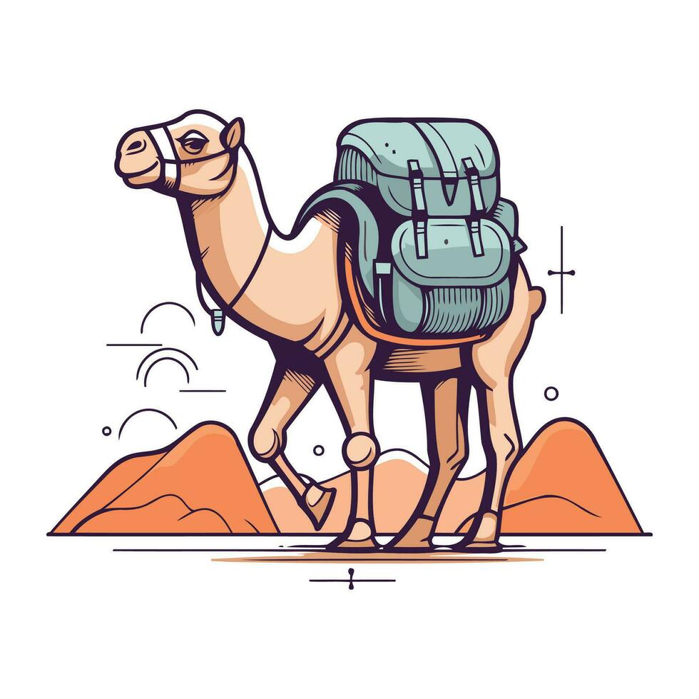 Kamel im das Wüste. Vektor Illustration von ein Kamel mit ein Rucksack.