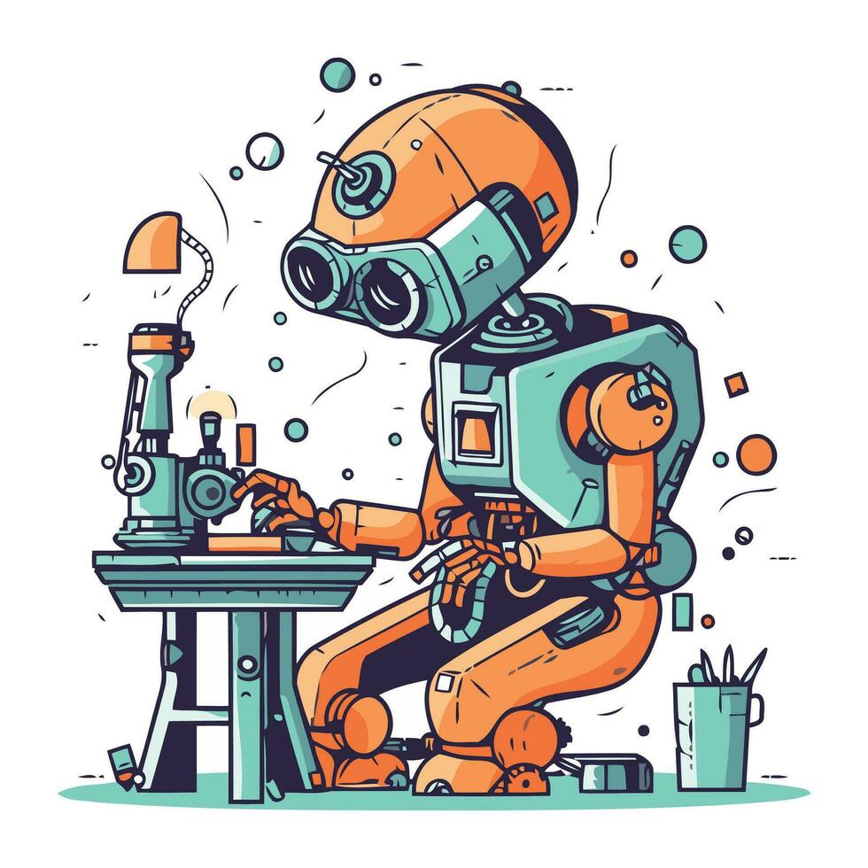 Vektor Illustration von ein Roboter Sitzung beim das Tabelle und Arbeiten mit ein Mikroskop.