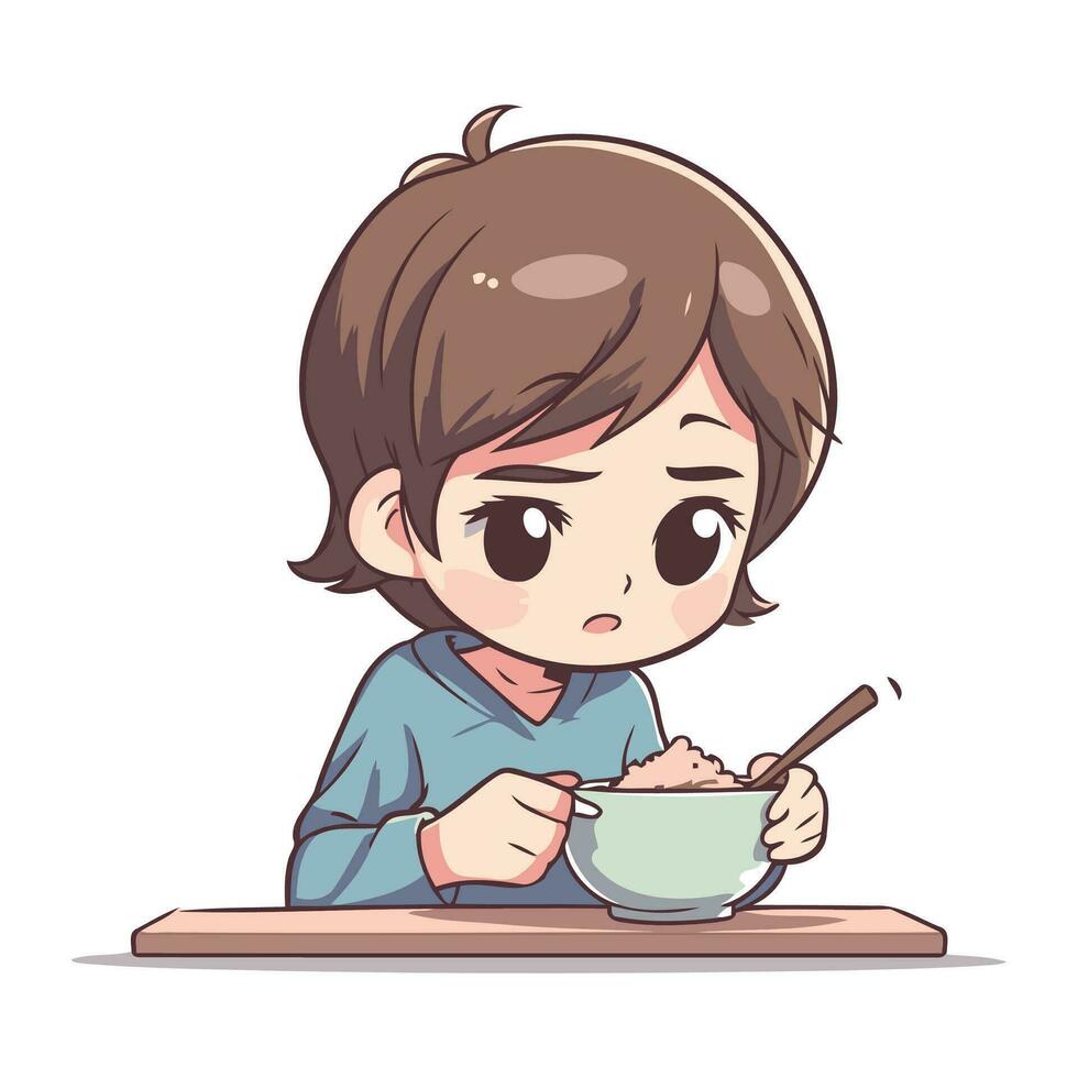 söt liten pojke äter gröt i skål. vektor illustration.