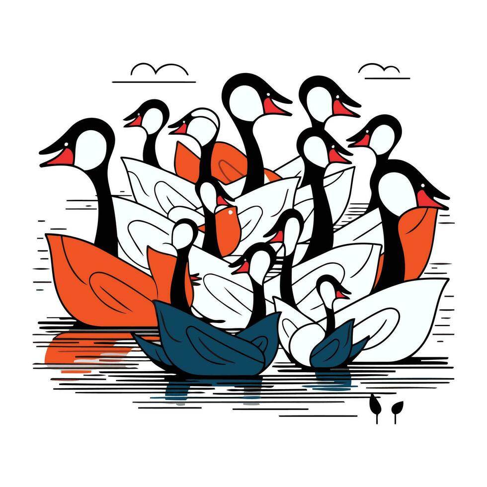Vektor Illustration von ein Herde von Schwäne auf ein Weiß Hintergrund.