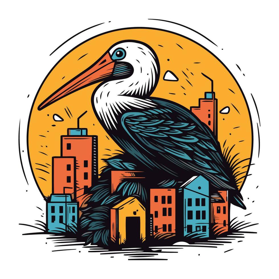 Pelikan Vogel im das Stadt. Vektor Hand gezeichnet Illustration.