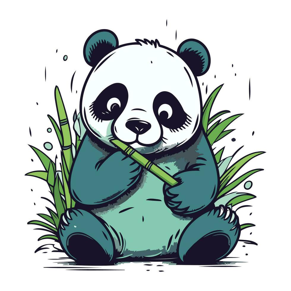 süß Panda Sitzung und halten Bambus Stock. Vektor Illustration.