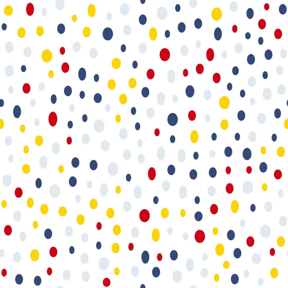 einfach irregulär Punkt nahtlos Muster, grau, Gelb, Rot, Blau Punkte auf Weiß. Design zum Stoff, Hintergrund, Geschenk wickeln Netz Hintergründe Schrott Buchung Patchwork. Vektor Illustration