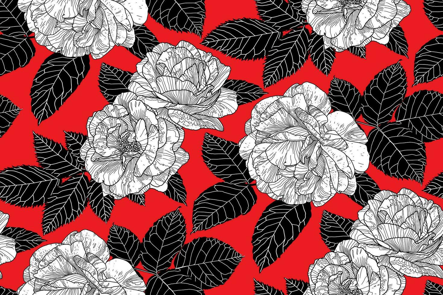 sömlös mönster från hand dragen kontur svart och vit ro med svart löv på röd bakgrund. blommig tapet design för textilier, papper, skriva ut, mode, tyg, och kort bakgrund. vektor