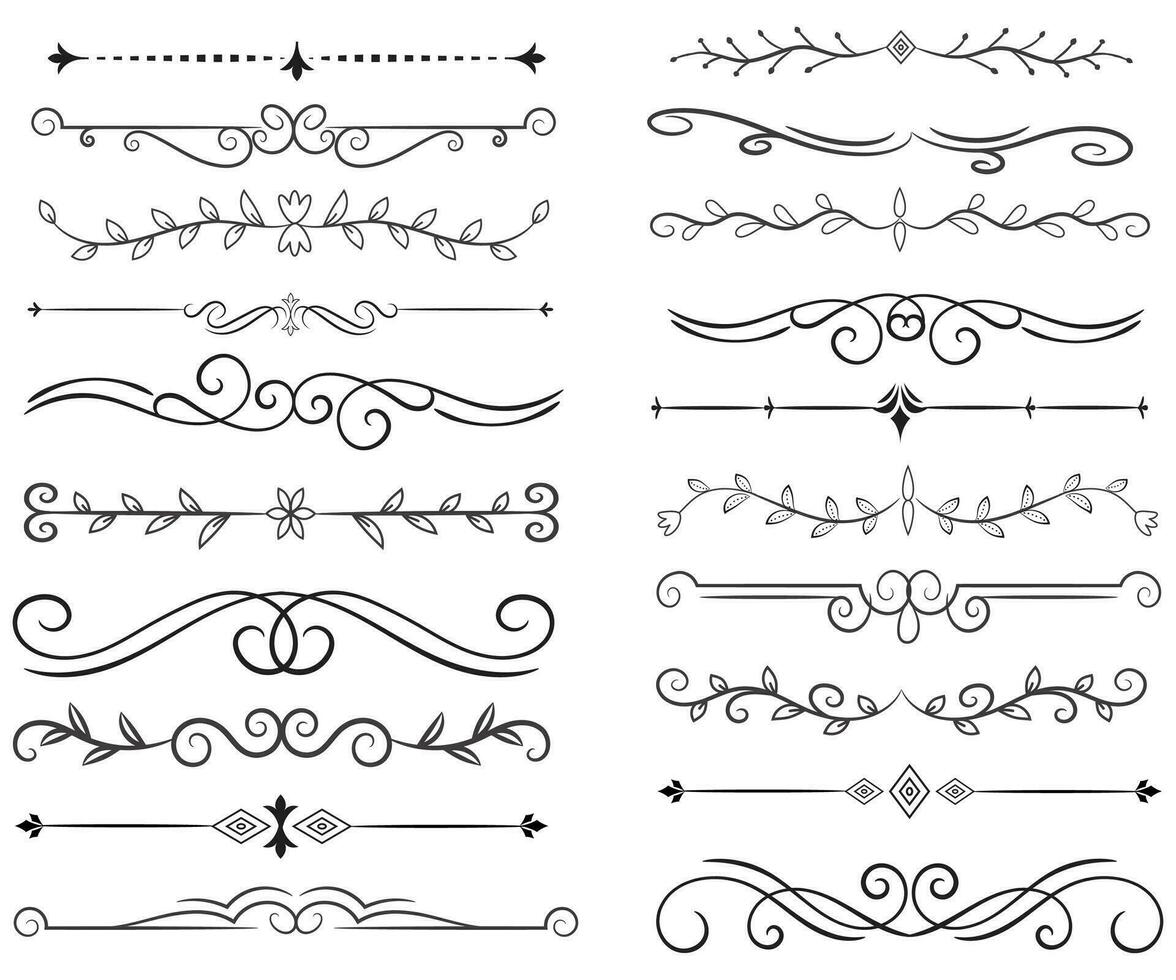 Seite Teiler und Design Elemente. einstellen von verschiedene einfach schwarz Teiler Design, sortiert Teiler Sammlung Vorlage Vektor. Sammlung von Blumen- Teiler Elemente Mega Dekoration zum Kalligraphie. vektor