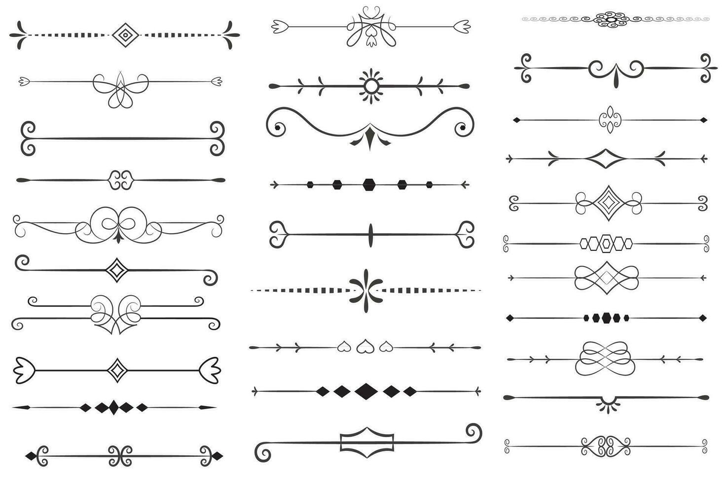 Seite Teiler und Design Elemente. einstellen von verschiedene einfach schwarz Teiler Design, sortiert Teiler Sammlung Vorlage Vektor. Sammlung von Blumen- Teiler Elemente Mega Dekoration zum Kalligraphie. vektor