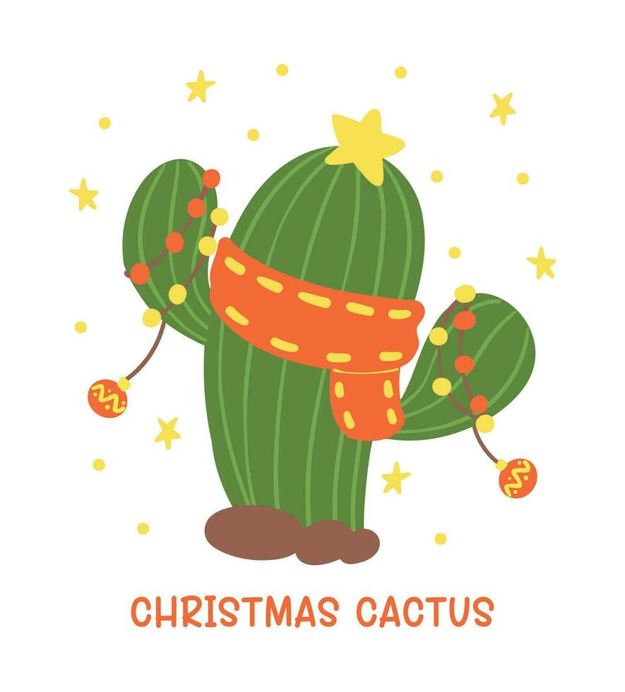 söt jul kaktus tecknad serie, söt retro Västra cowboy hand teckning och festlig platt design vektor
