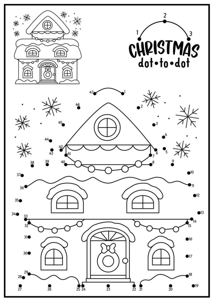 vektor jul prick-till-prick och Färg aktivitet med söt söt hus. vinter- Semester ansluta de prickar spel med snö täckt stuga eller Hem. ny år färg sida för ungar. tryckbar kalkylblad