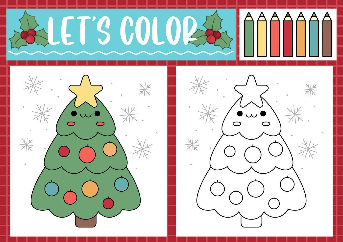 jul färg sida för barn med söt söt dekorerad träd. vektor vinter- Semester översikt illustration. Färg bok för barn med färgad exempel. teckning Kompetens tryckbar kalkylblad