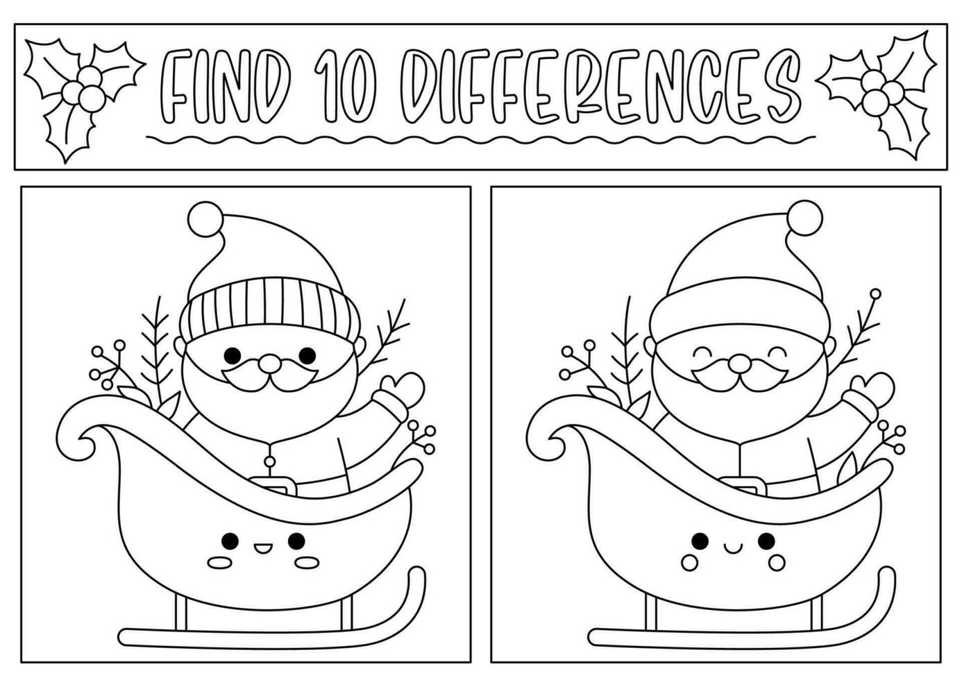 Weihnachten schwarz und Weiß finden Unterschiede Spiel zum Kinder. Beachtung Kompetenzen Aktivität mit süß Santa claus auf Schlitten. Neu Jahr Linie Puzzle oder Färbung Seite zum Kinder. Was ist anders Arbeitsblatt vektor