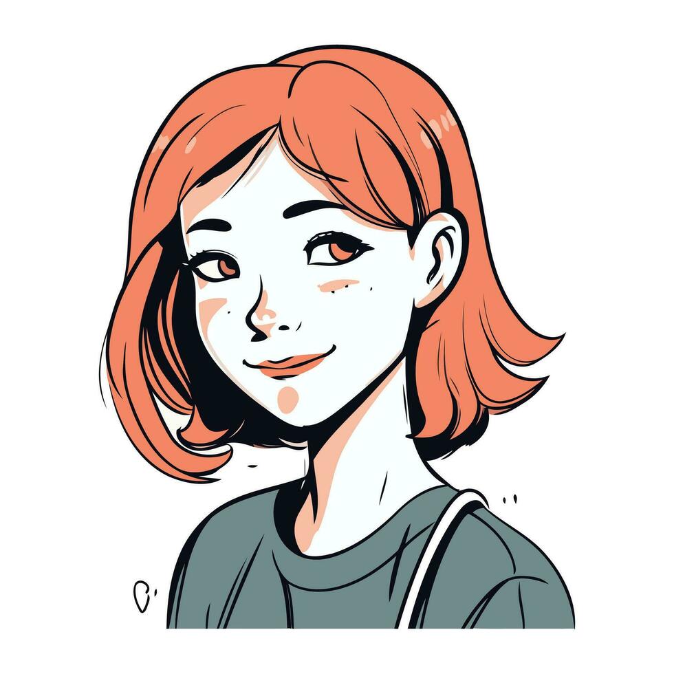 porträtt av en söt flicka med röd hår. vektor illustration.