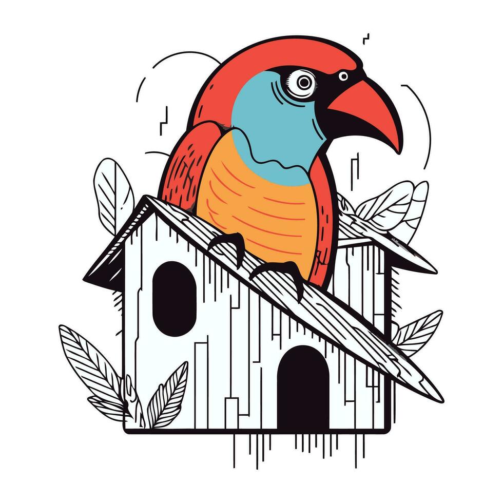 papegoja och fågelholk. vektor illustration i klotter stil.