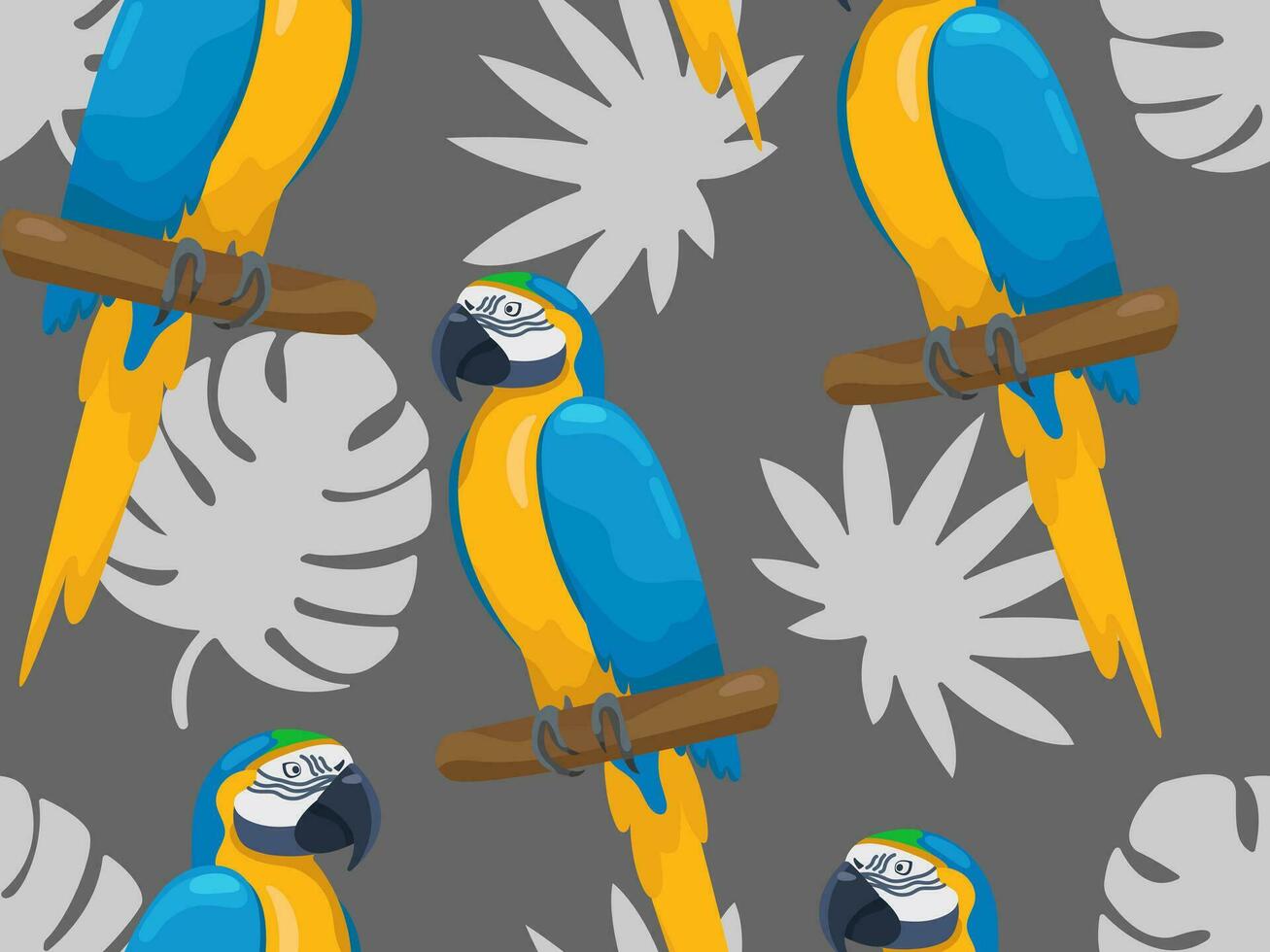 ljus tropisk papegojor sömlös mönster. vektor skriva ut med tecknad serie rolig ara papegojor Sammanträde på grenar med handflatan löv på en mörk bakgrund. platt färgrik exotisk fåglar.
