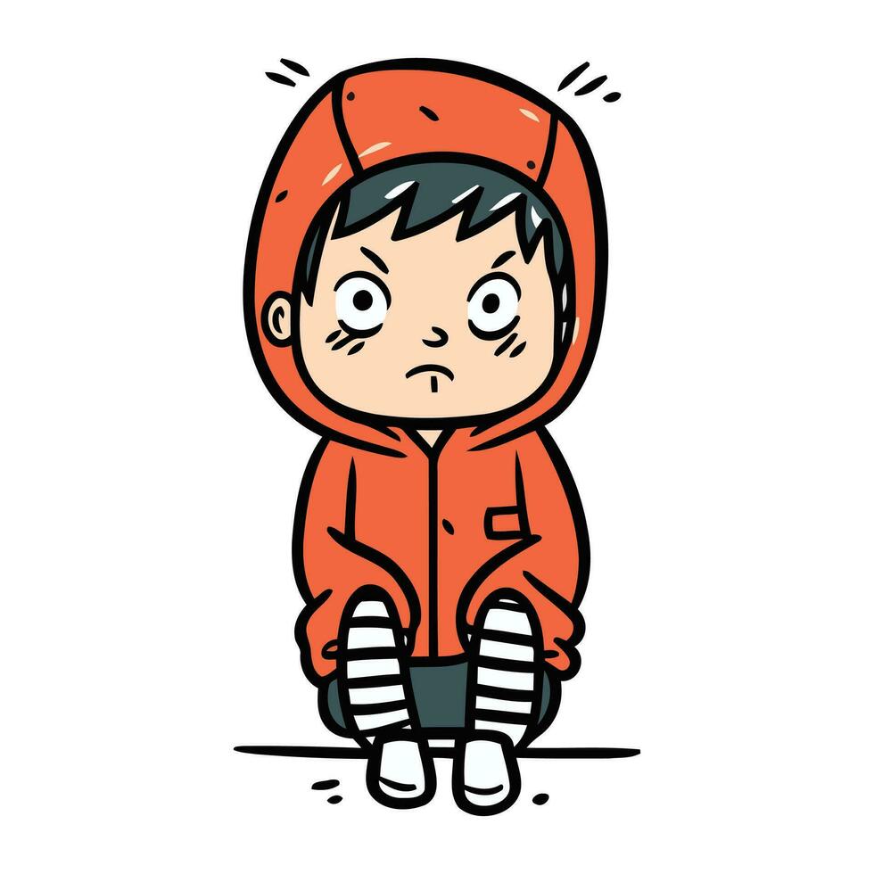 Karikatur traurig Junge im Regenjacke. Vektor Illustration auf Weiß Hintergrund.