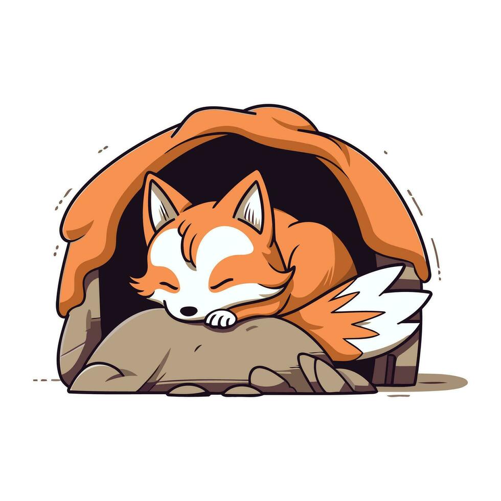 süß Fuchs Schlafen im ein Hund Haus. Vektor Karikatur Illustration.