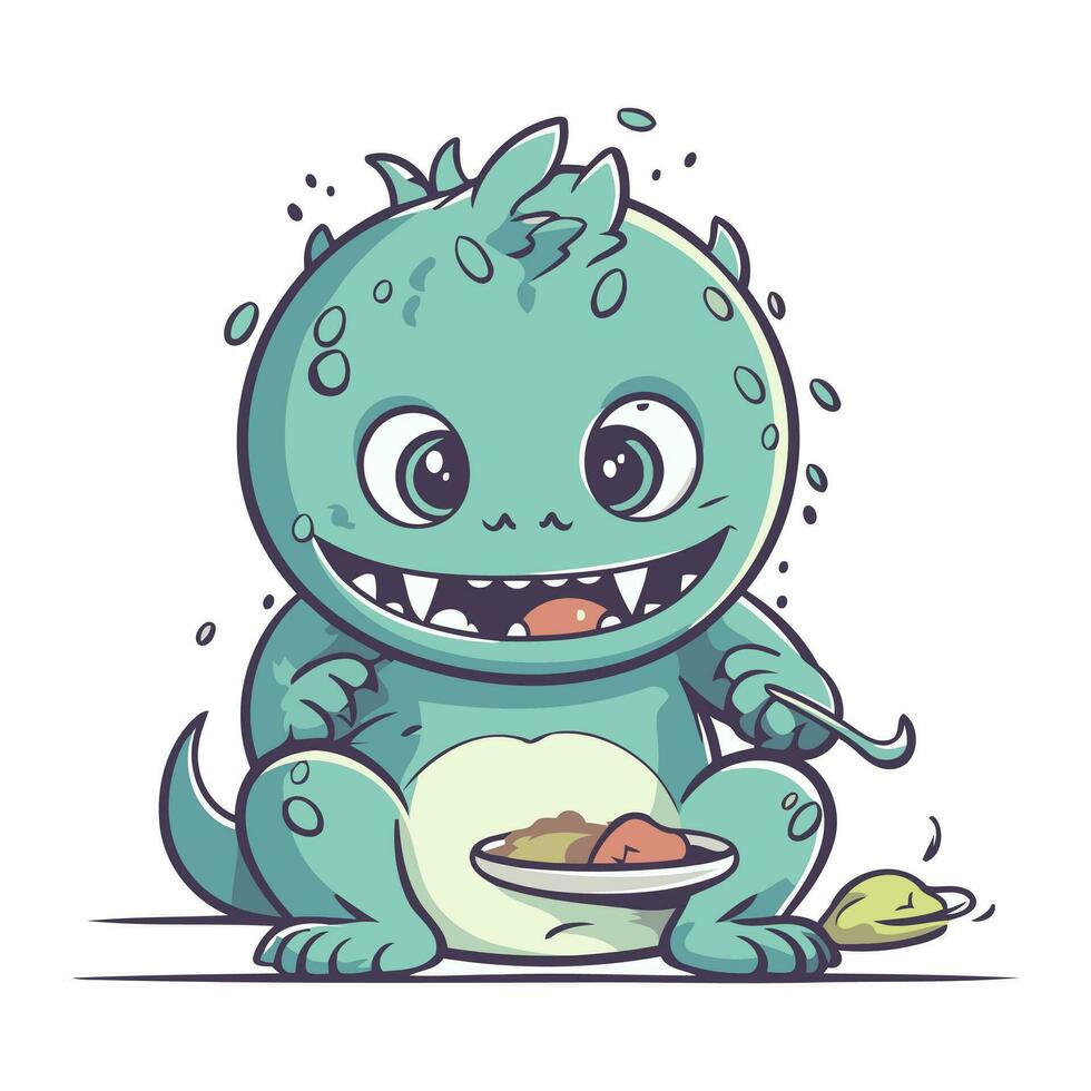 rolig tecknad serie monster äter en tallrik av mat. vektor illustration.
