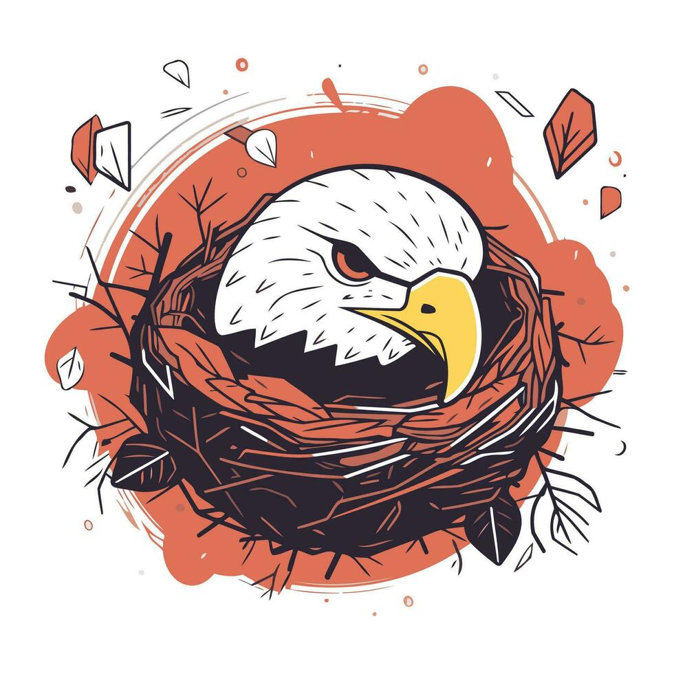 Hand gezeichnet Vektor Illustration von ein kahl Adler im ein Vögel Nest.