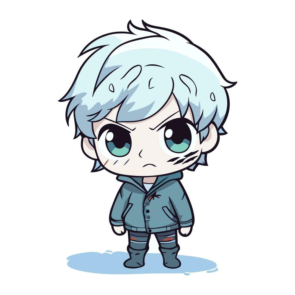söt anime pojke med stor ögon och blå ögon. vektor illustration.