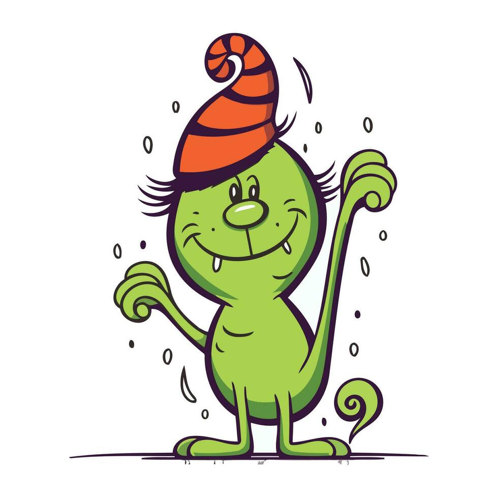 komisch Karikatur Grün Katze im ein rot Hut. Vektor Illustration.