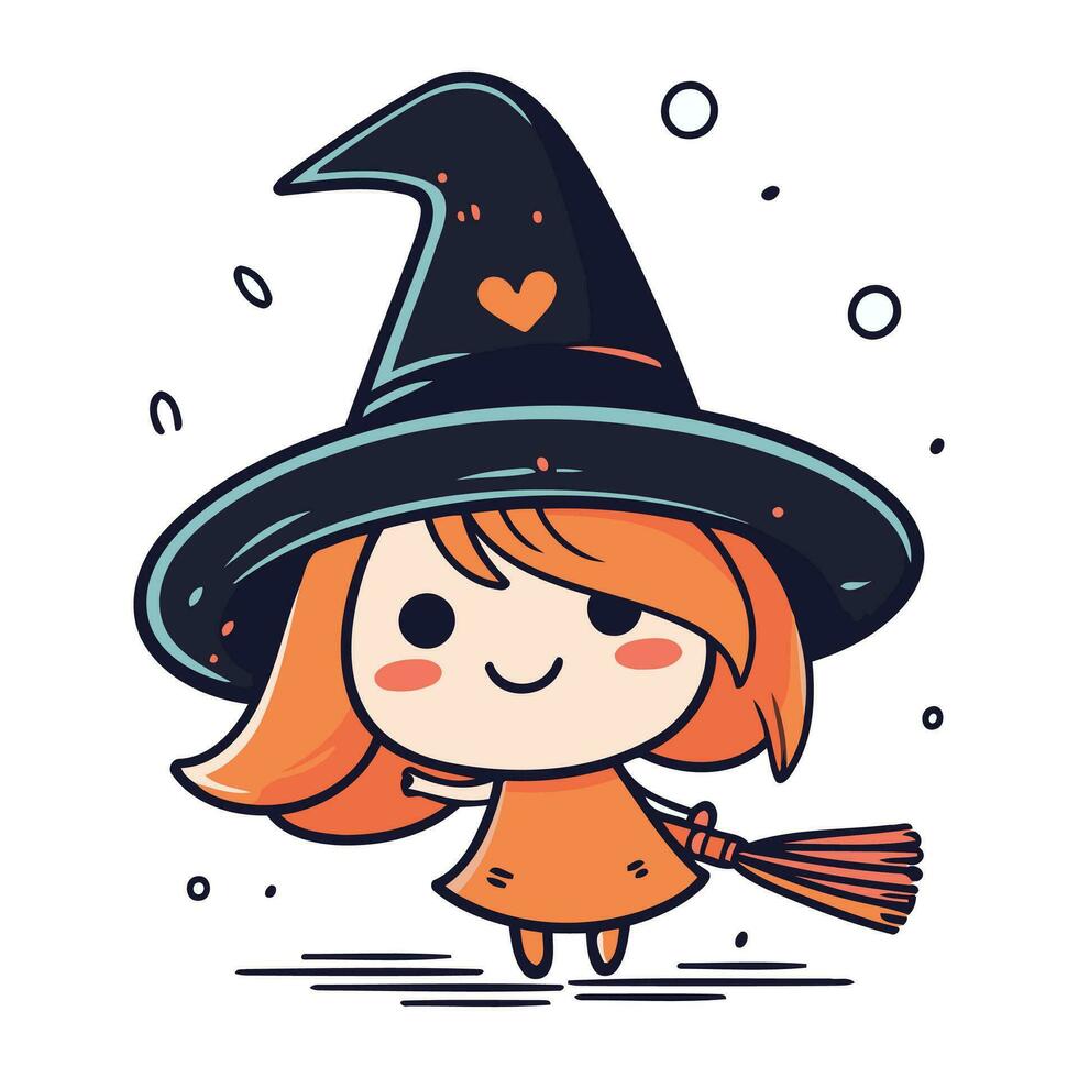 süß wenig Mädchen im ein Hexe Kostüm. Halloween Vektor Illustration.