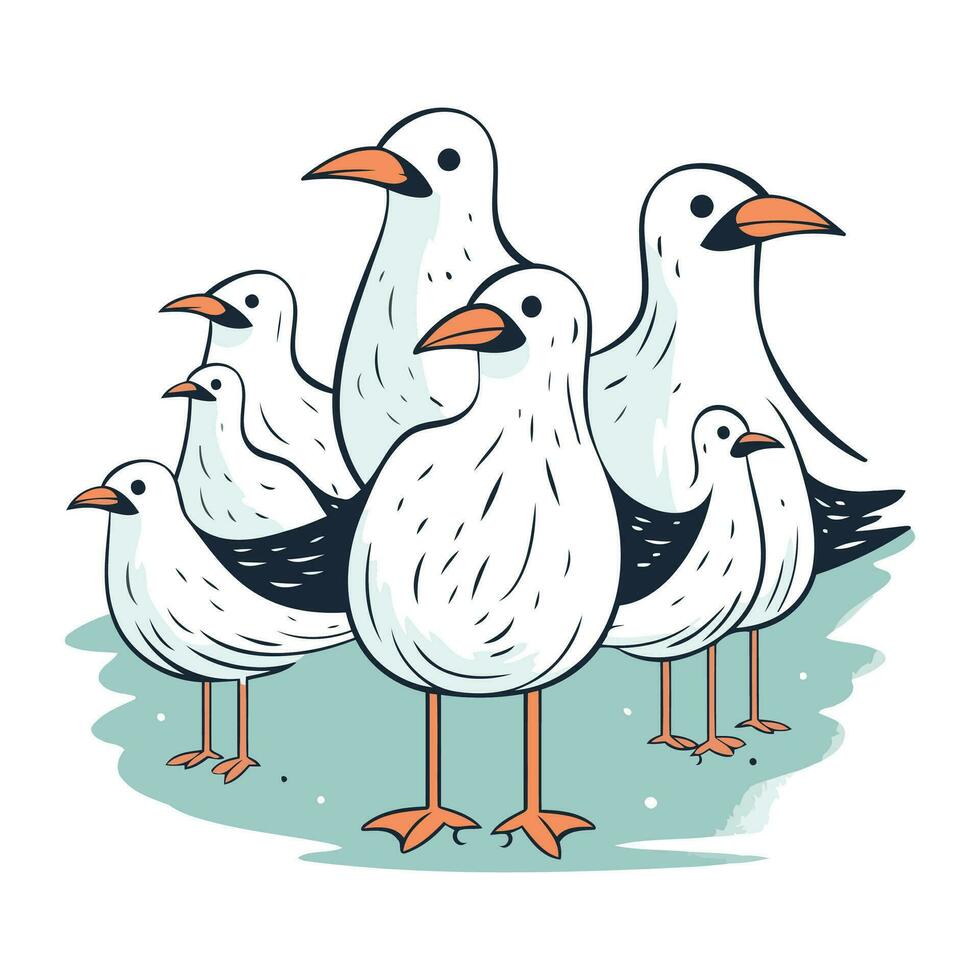 vektor illustration av en grupp av seagulls i tecknad serie stil.