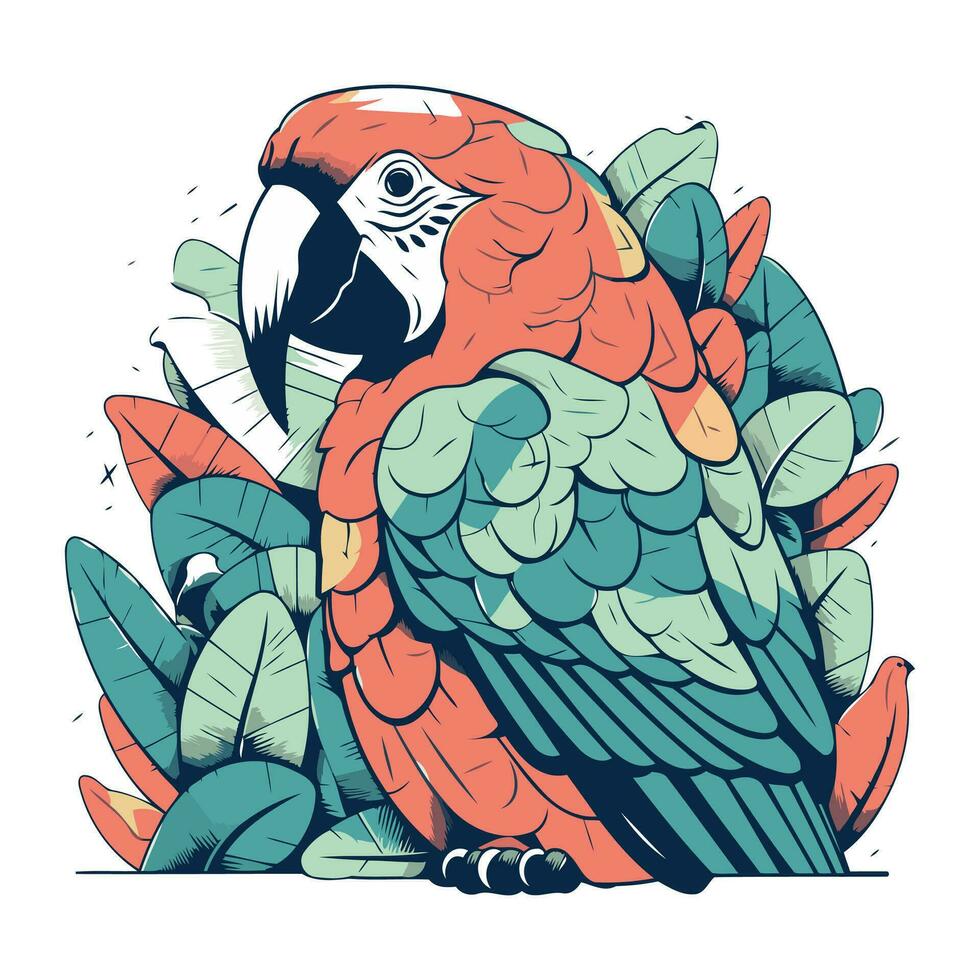 papegoja i de djungel. hand dragen vektor illustration i skiss stil.