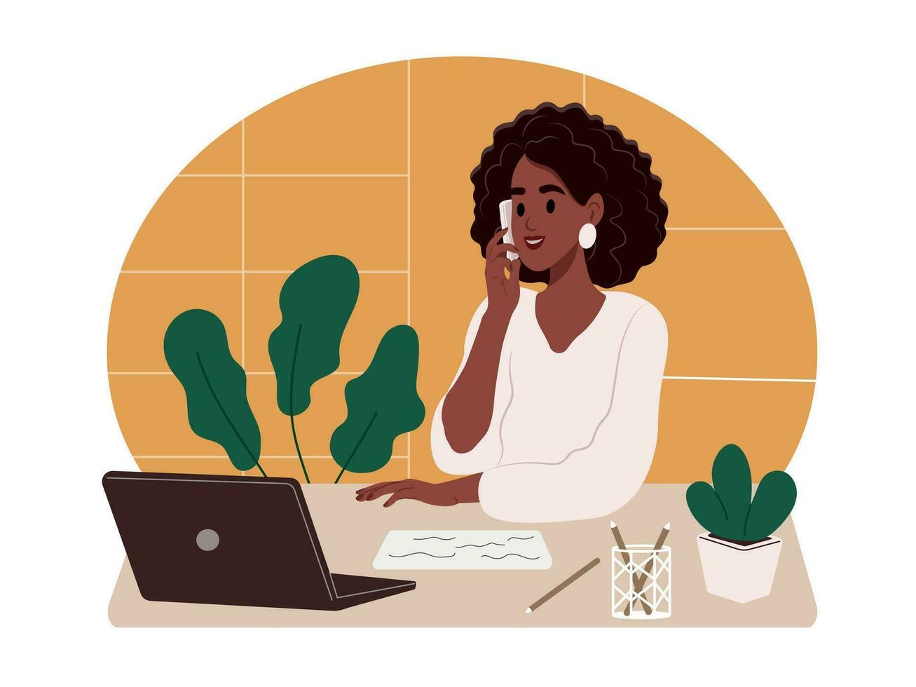 Manager ist reden zu ein Kunde während ein Telefon Forderung. ein schwarz Frau ist reden auf das Telefon beim Arbeit im das Büro. Vektor eben Illustration.